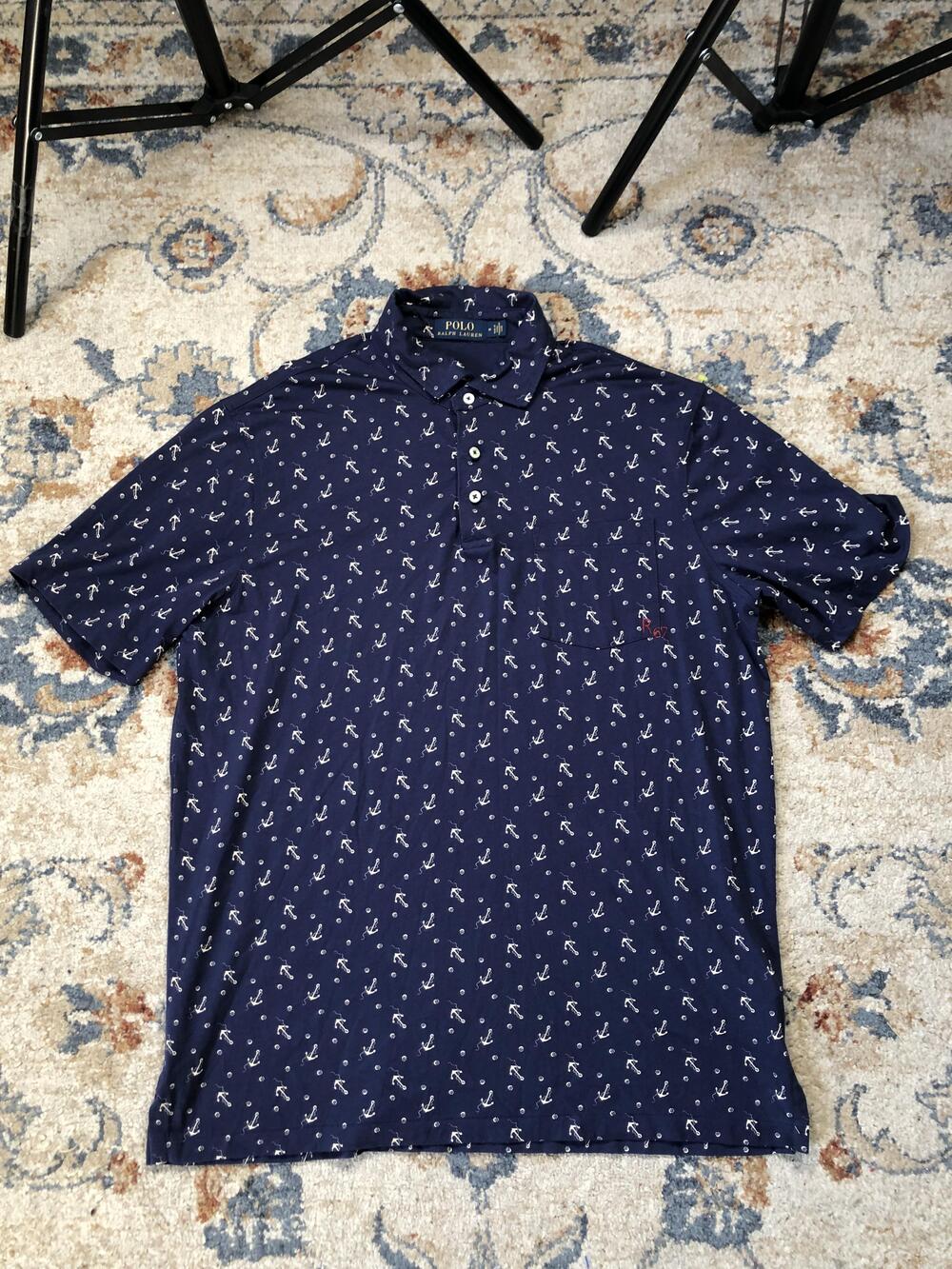 Polo Ralph Lauren Polo Shirt Mens Medium Navy Anchor Print Pocket Nautical R67